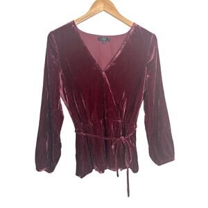 J.Crew Burgundy Velvet Wrap Style Peplum Top Tie Waist Long Sleeve Size 4